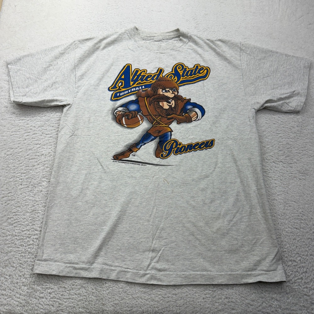 Vintage Alfred State Pioneers Football T Shirt Men's Gray XL Graphic‎ Tee 1995